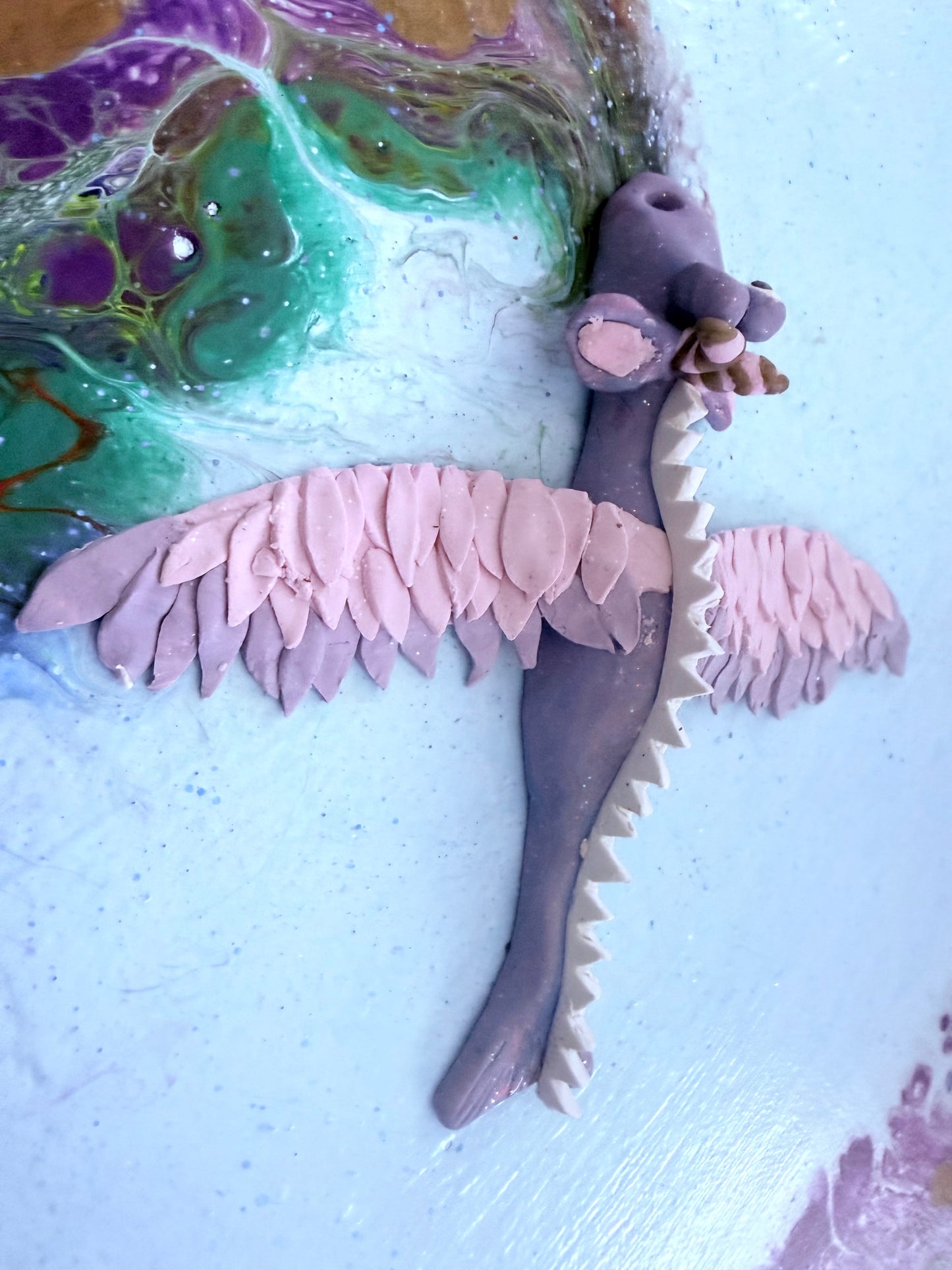 Polymer Clay Rainbow Dragon Dutch Pour Resin Canvas Art
