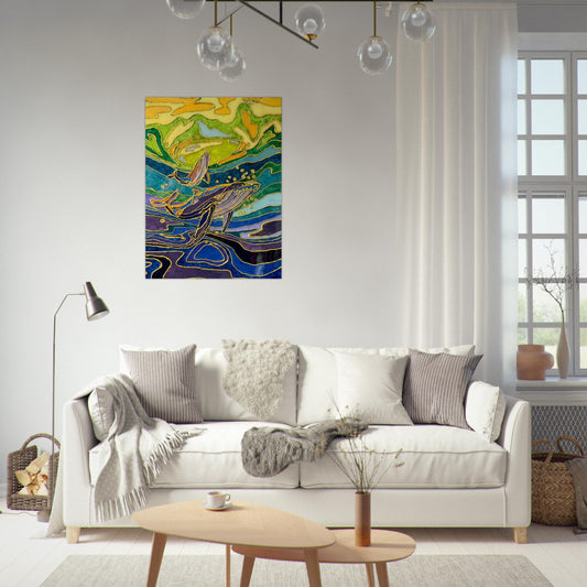 Blue Rising Mixed-Media Whale Art b